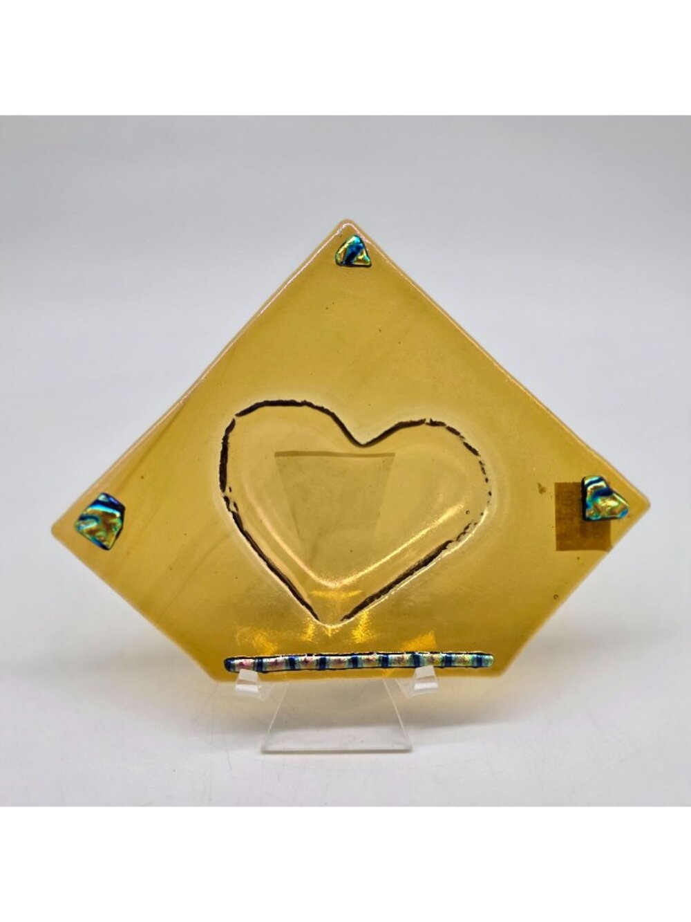 Fused Glass Bowl Yellow Heart Shaped With Iridescent Accents by Bella Glass